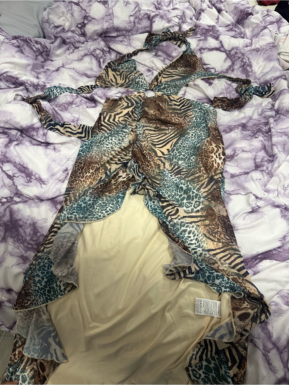 Animal Print Halter Dress - Brown & Blue